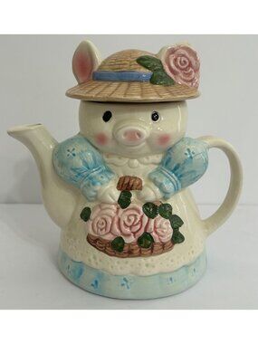 Vintage Pig Teapot Pastel Colors Floral Grannycore Cottagecore Farmhouse Kitschy
